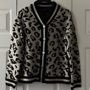 Leopard Print Black and White Women's Cardigan Sweater